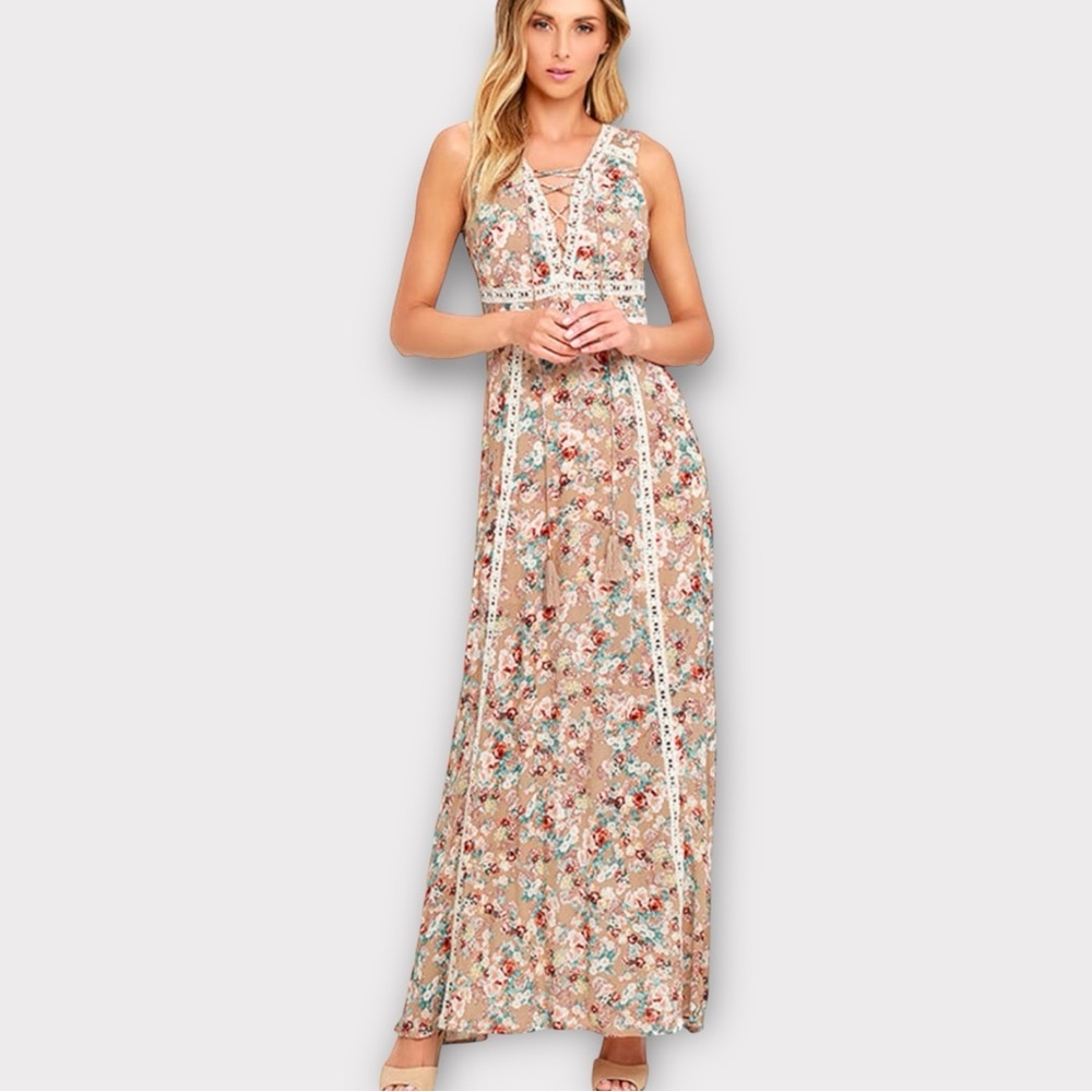 Lulus beige floral crochet inserts cottage maxi dress